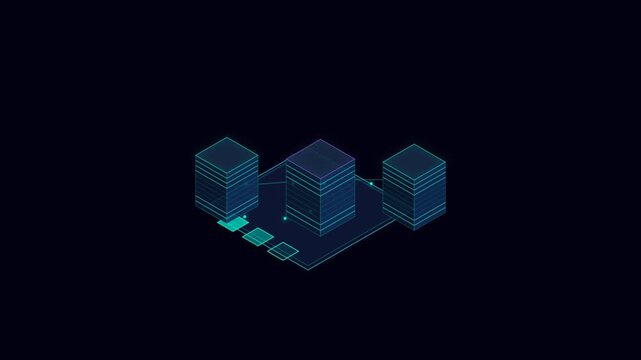 Isometric Data Center Concept with Glowing Blue Server Towers Connected by Digital Network Lines