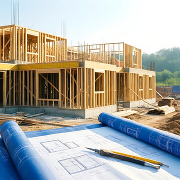 Residential construction project and real estate development, architectural blueprints with pencils on site of new wooden house framing under sunny sky