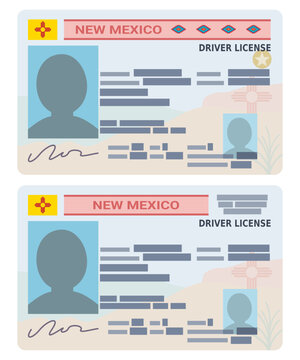 New Mexico driver license and Real ID card templates symbolizing official legal identification, personal authorization, citizenship, and identity verification. (cut out)
