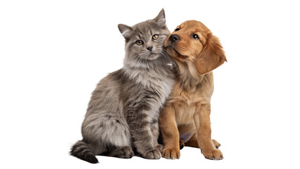 Cute domestic gray kitten and fluffy golden puppy sitting together friendly pets portrait © James