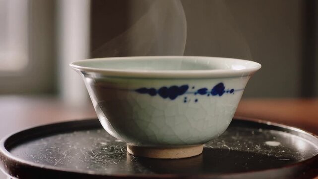 Hot tea steaming pale celadon tea bowl sending curling plume at softly lit table, lacquer tray