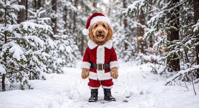 Ein Hund steht verkleidet als Weihnachtsmann im verschneiten Wald