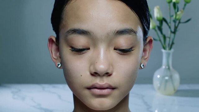 Widening, showing subject rolling eyes, opening gaze and closing them in studio with diamond studs