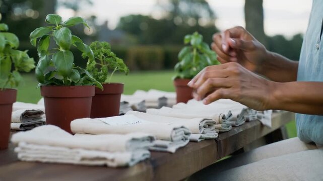 Reaching for label, gardener hands in blue shirt sliding label under cloths on bench, marking herbs