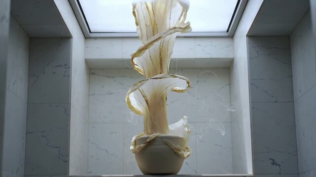 Unfurling translucent spiral rising from ceramic base in marble alcove, sending vapor to skylight