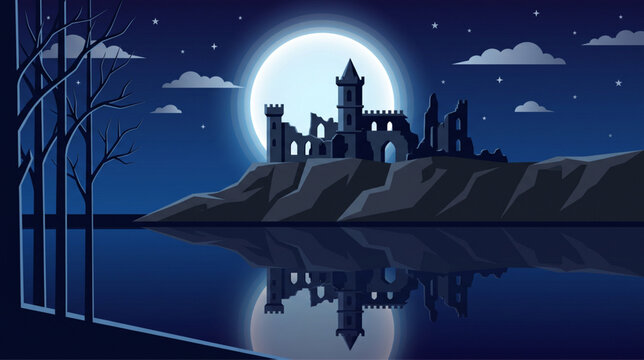 Night castle ruin water reflection