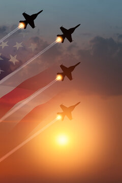 Air Force Day. Aircraft silhouettes on background of sunset with a transparent American flag. Vertical poster.