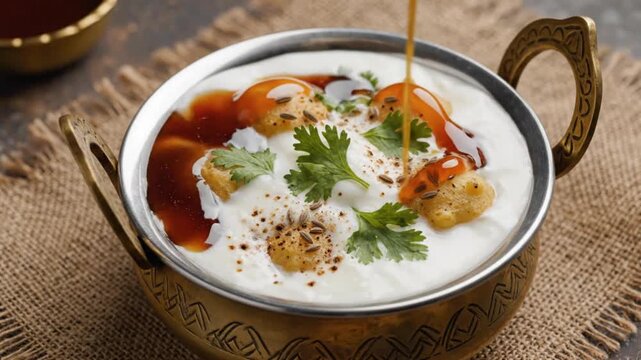 Traditional Indian Dahi Vada with Tamarind Chutney for Food Advertising Footage