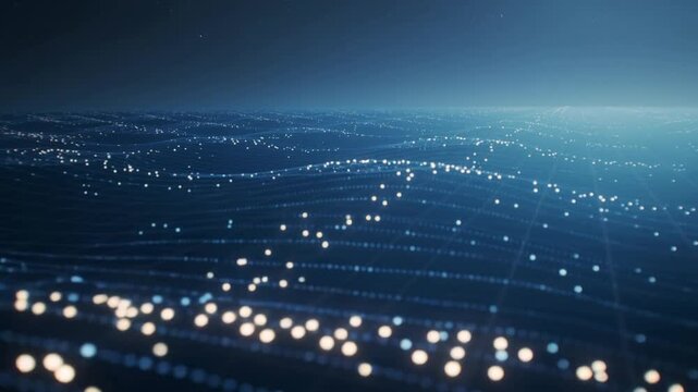 Advancing camera adding depth, showing waving field of glow dots in data sea, grid, horizon haze