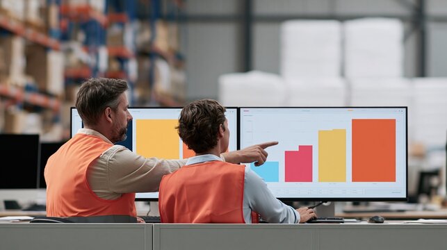 Warehouse workers in red safety vests reviewing inventory data on large monitors, a collaborative scene for supply chain and logistics management
