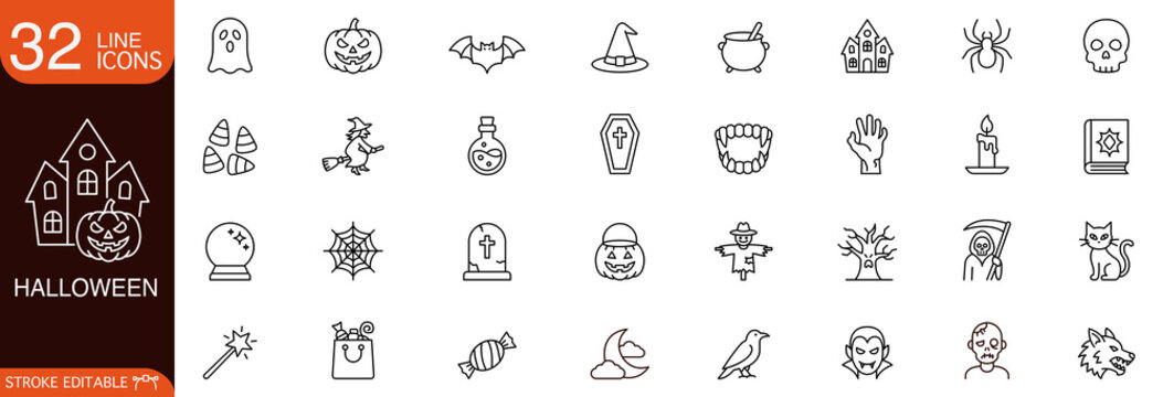 Halloween spooky vector icon set featuring pumpkin, ghost, witch, skull, haunted house, and vampire symbols in line style for holiday web UI design.