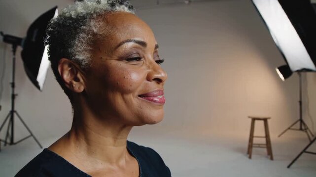 Responding to camera cue, senior woman softening right profile expression in studio, with softboxes