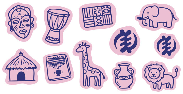Collection of African Cultural Symbols and Wildlife Illustrations.