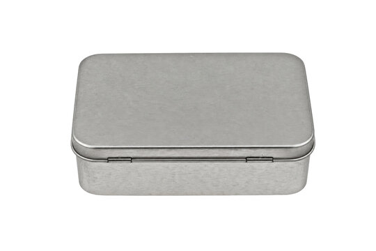 Small rectangular silver metal tin box with a hinged lid, photographed from an elevated perspective on a white background