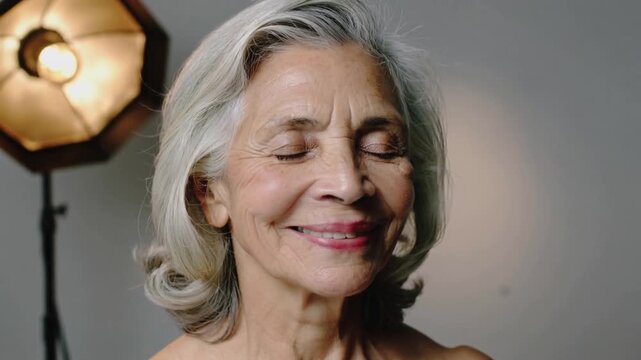 Exhaling senior woman relaxing face and smiling in studio, wearing strapless top with softbox