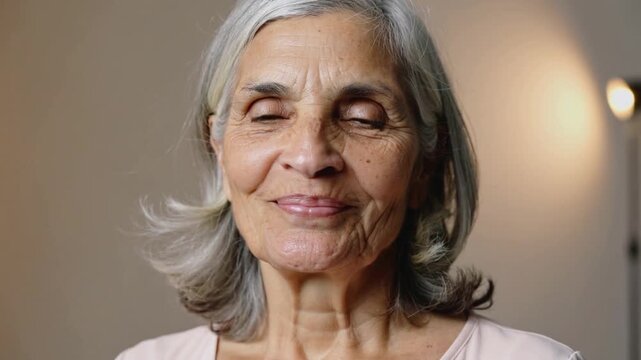 Smiling senior woman responding to cue, pursing lips, vocalizing in studio with lamp and light top