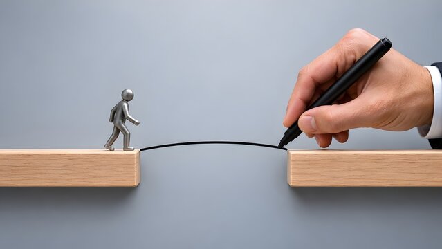 Hand drawing a line bridge with a marker to help a miniature figure cross a gap symbolizing mentorship and problem solving