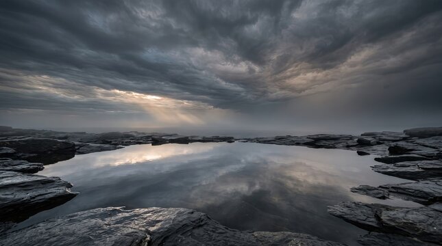 Dramatic stormy seascape with dark clouds and a sandy beach under a turbulent sky