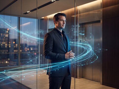 Businessman with Futuristic Digital Data and Network Technology