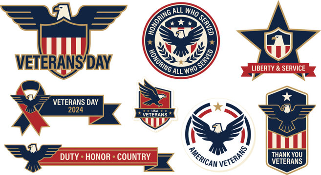 Set of patriotic veterans day emblems and badges featuring american eagles shields and stars for national holiday celebration graphic design projects