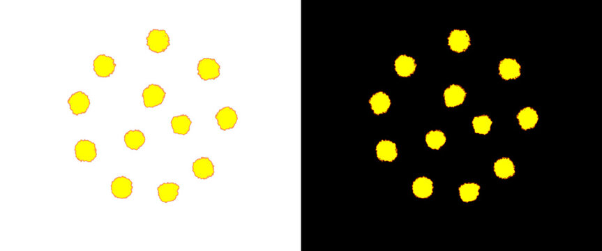 Minimalist yellow polka dot pattern, hand-drawn circular dots on white and black background, simple geometric abstract design elements