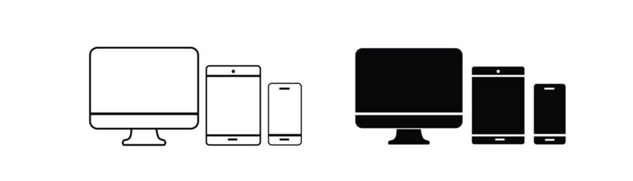 Responsive web design and multi device sync concept with computer monitor tablet and smartphone vector icon set for digital technology and modern interface illustration