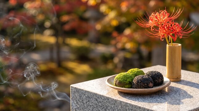 Traditional Japanese ohagi, incense, and red spider lily for Autumn Equinox