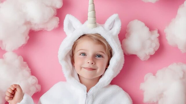 Smiling child in unicorn costume with fluffy clouds on pink background