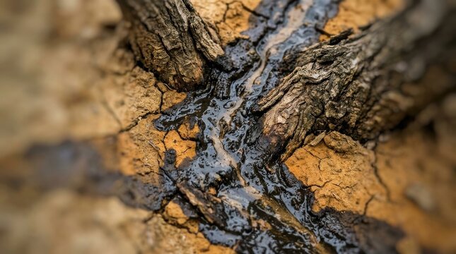 Close up view of dark viscous liquid flowing through cracked dry earth and tree bark