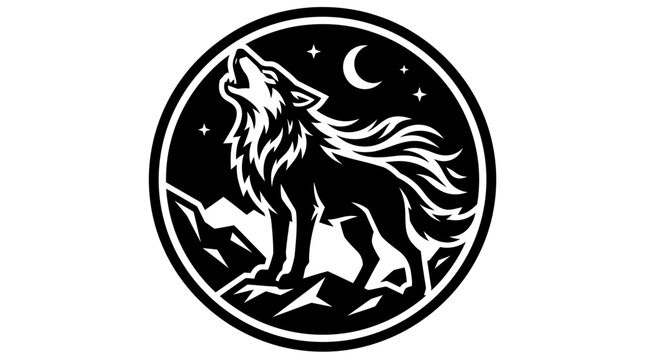 Wolf Howling at the Crescent Moon in a Circular Logo Silhouette with Mountains and Stars