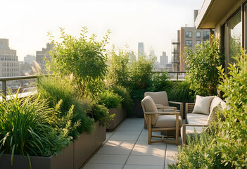Obraz premium Urban gardening and sustainable city living, rooftop terrace with lush plants and comfortable outdoor furniture overlooking a metropolitan skyline at sunset