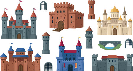 Medieval Castle Vector Icon Set Featuring Ancient Fortresses Palaces Watchtowers Stone Walls Drawbridges and Gates for Fantasy Graphic Designs © Sarmin