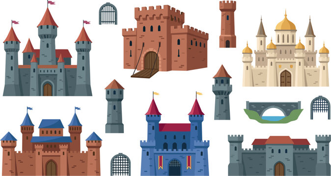 Medieval Castle Vector Icon Set Featuring Ancient Fortresses Palaces Watchtowers Stone Walls Drawbridges and Gates for Fantasy Graphic Designs