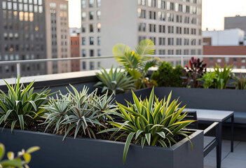 Obraz premium Urban gardening and sustainable city living, rooftop terrace with potted plants and modern architecture in a metropolitan environment at sunset