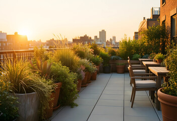 Obraz premium Urban rooftop garden and outdoor dining, sustainable city living and relaxation with sunset light on a terrace with potted plants and furniture