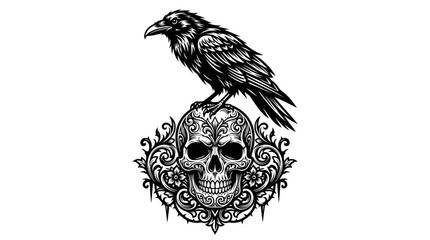 Obraz premium Gothic Raven Perched on Ornate Decorative Human Skull Vector Illustration