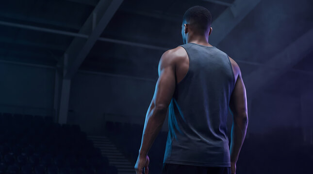 Rear view of muscular male athlete standing in atmospheric dark stadium arena ready for competition