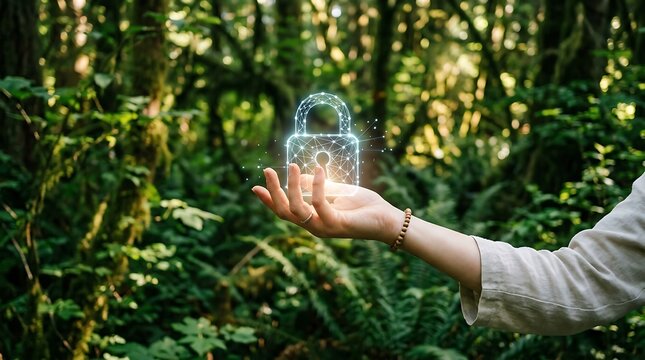 Hand holding a glowing digital lock symbol in a lush green forest environment