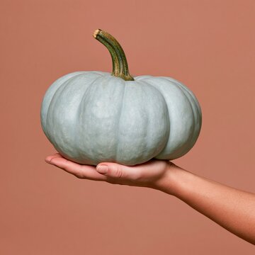 Pale blue winter squash held in a persons hand against a clay terracotta background, a smooth matte organic mockup for autumn harvest and decor