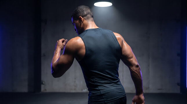 Rear view of muscular male athlete in black tank top posing under spotlight in dark studio