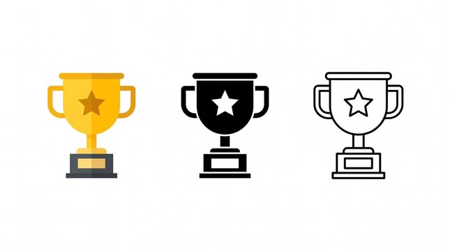 Gold Trophy Cup with Ribbon, Winner Award Icon for Sports Competition, Championship Victory, Success, Achievement and First Place Prize Vector Illustration