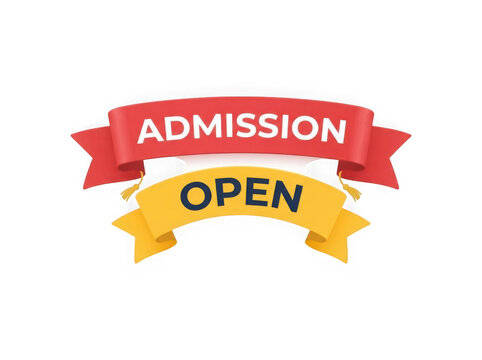Elegant admission open banner with red ribbon and yellow scroll for academic institutions