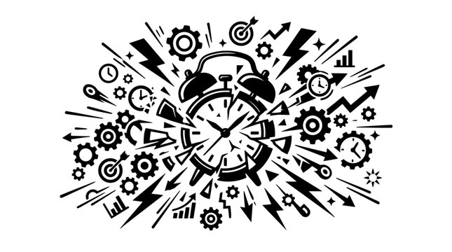 Abstract explosion of an alarm clock with business icons, gears, and lightning bolts symbolizing time pressure, urgency, and productivity in a monochrome vector style.