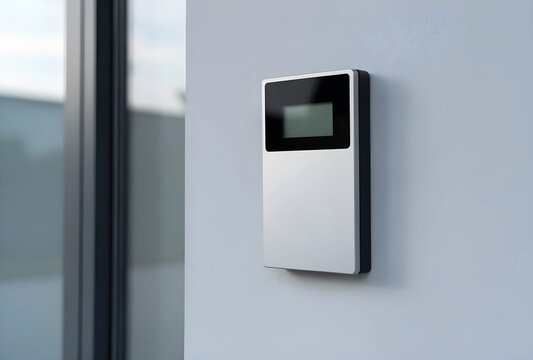 Smart home security and access control, electronic keypad reader for building entry and biometric authentication on a modern office wall exterior
