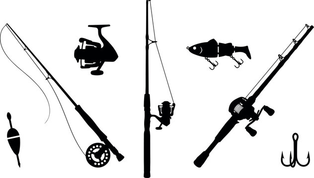Fishing Gear Silhouette Icon Set Featuring Rods, Reels, Bobber Float, Triple Hook, and Artificial Bait Vectors for Outdoor Sport Branding Designs