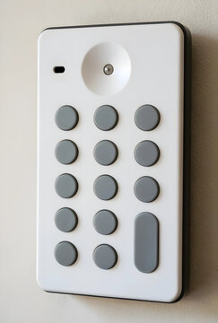 Security access control and building entry system, digital keypad for electronic door lock and home automation technology mounted on a wall