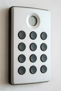 Smart home security and access control, digital keypad for building entry and electronic lock system mounted on a wall for modern residential safety