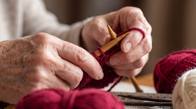 Close-up of hands knitting with colorful yarn and needles. Creative handmade hobby showcasing wool texture, craftsmanship and the knitting process.