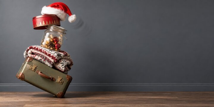 A tower of mismatched festive objects in impossible balance, featuring a red santa hat on a grey background with copy space for storage and moving ads