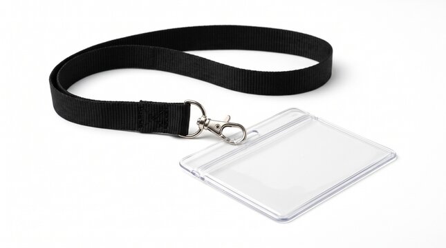 Black lanyard with blank plastic ID badge holder, professional name tag mockup for corporate events, clear identification card sleeve on white background